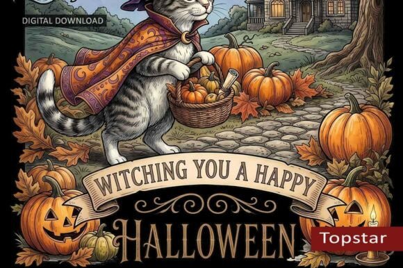 Download Halloween Decor Art Witchy Cat Scene - Scene Collection