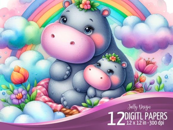 Download Watercolor Cute Hippo Mammy &amp; Her Babies - Cute Collection